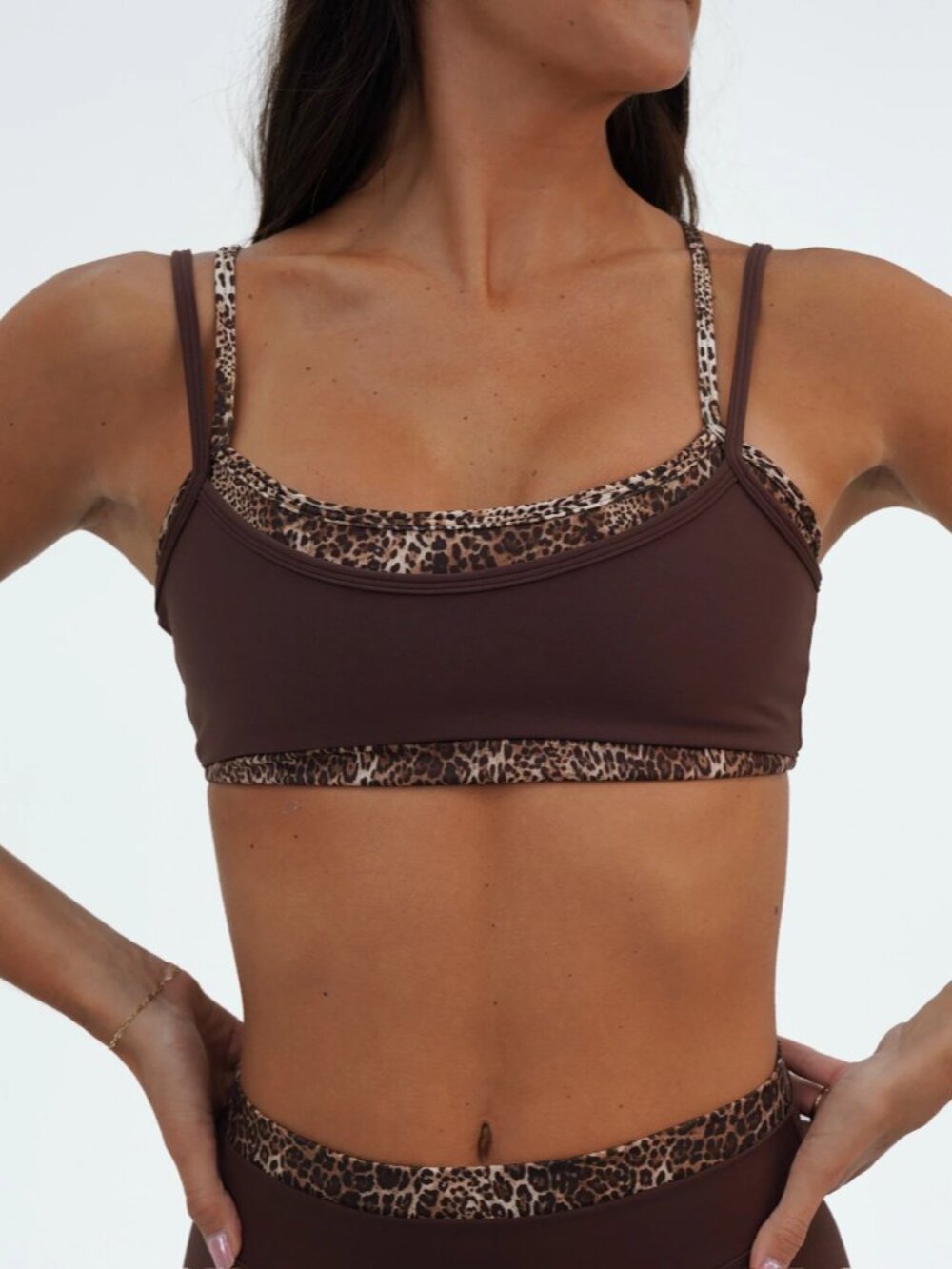 Liaison The Label Double Layer Sporty Scoop Bra Mocha Brown & Wild Side Size M